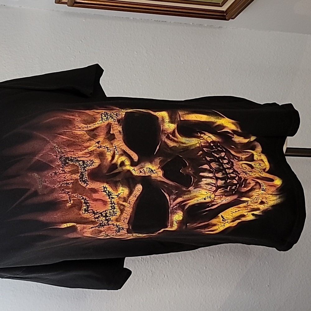 Celebrate Halloween brand tee shirt black with skull size large orange flames